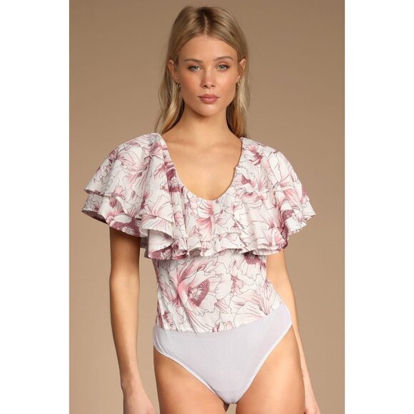 Lulus Bodysuit White Floral Print Ruffle Short Sleeve Tie Back - Picture 2 of 15